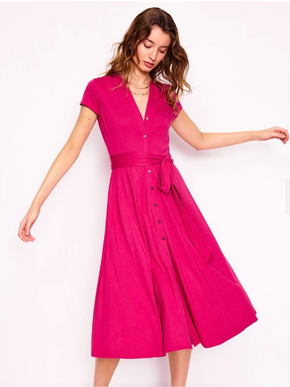 NEW Boden Pink Sara Jersey Knit Shirt Dress in Cherry Jam